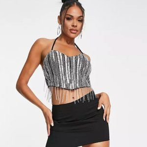 NWT ASOS DESIGN Embellished Halter Top with Fringing in Black